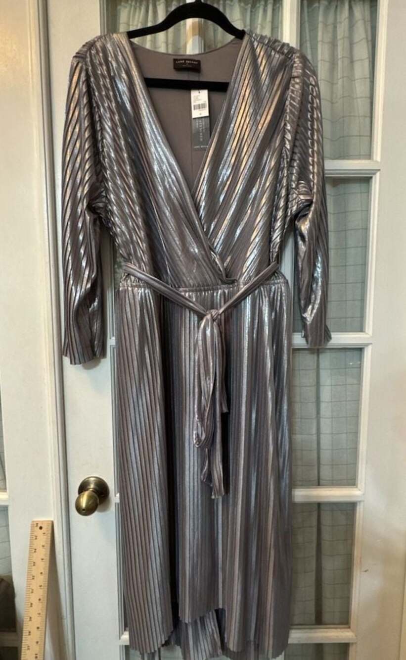 Lane Bryant Metallic Silver Pleated Faux wrap-Neckline 3/4 Sleeve Midi Dress